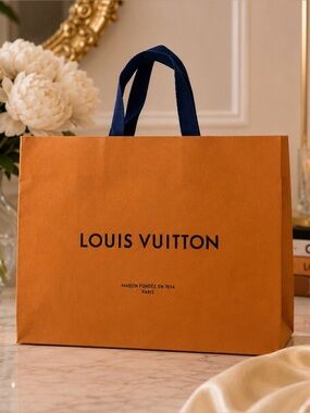 Louis Vuitton Large Orange Shopping Gift Paper Bag with Blue Handles 13.5” x 16”